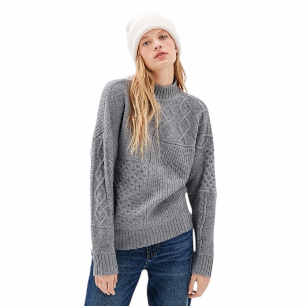 American Eagle Soft & Cozy Mixed Stitch Mock Neck Sweater - Gray L